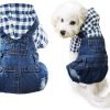 Pet Clothes Denim Dog Jeans Striped or Grid Jumpsuit Overall Hoodie Coat for Small Medium Puppy Cat Blue Plaid