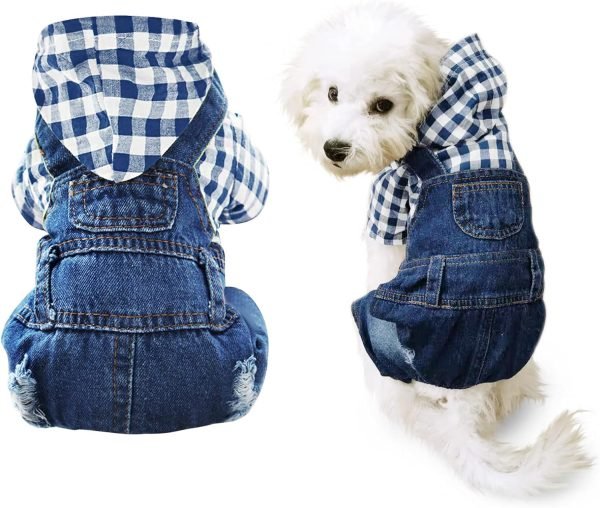 Pet Clothes Denim Dog Jeans Striped or Grid Jumpsuit Overall Hoodie Coat for Small Medium Puppy Cat Blue Plaid