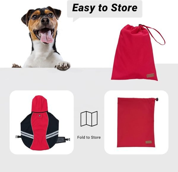 71XL6WwunrL._AC_SL1500 Waterproof Dog Raincoats with Hood for Medium Large Dogs, Poncho with Reflective Strap, Lightweight Jacket with Leash Hole. Red