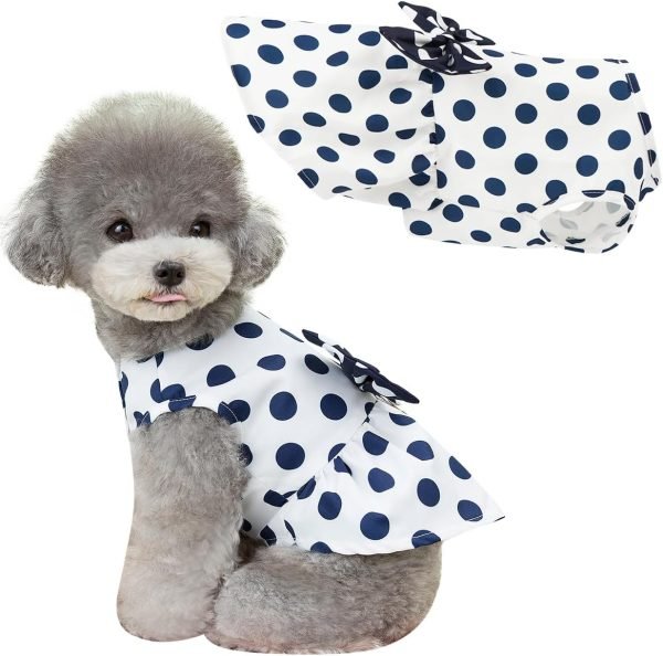 Cute Polka Dots Cat Small Dog Dress with Bow Tie Summer Clothes with D-Ring on The Back for Puppy Cat(White with Navy Dots, X-Small)