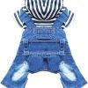 Small Dog Hoodie Clothes Cute Stripe Shirts Denim Jumpsuit One-Piece Outfit for Small Medium Dogs Cats Boy Girl Chihuahua Blue Jeans Overalls Puppy Costume (Blue,M)