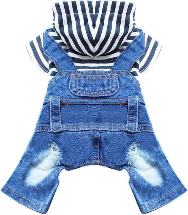 Small Dog Hoodie Clothes Cute Stripe Shirts Denim Jumpsuit One-Piece Outfit for Small Medium Dogs Cats Boy Girl Chihuahua Blue Jeans Overalls Puppy Costume (Blue,M)
