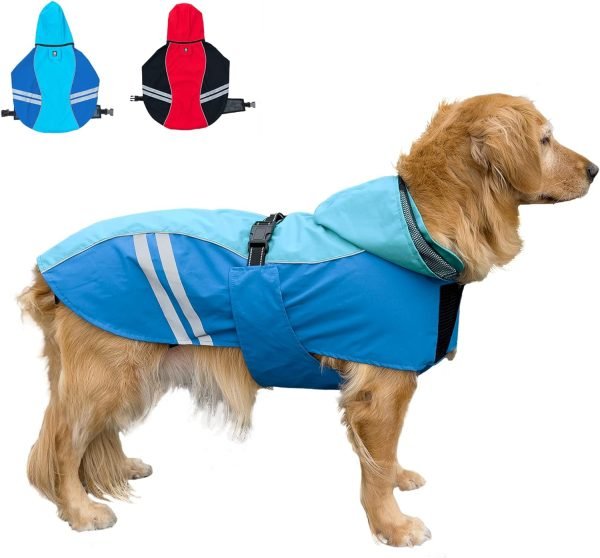 71aAeH09E4L._AC_SL1500 Waterproof Dog Raincoats with Hood for Medium Large Dogs, Poncho with Reflective Strap, Lightweight Jacket with Leash Hole. Red