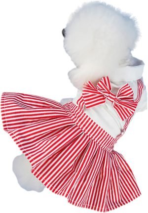 Red Dog Dresses with Bowtie Puppy Overalls Striped Pet Jumpsuit Casual Clothes Outfits for Small Dogs Cats, XL