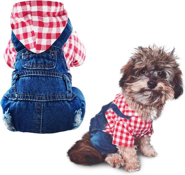 Pet Clothes Denim Dog Jeans Striped or Grid Jumpsuit Overall Hoodie Coat for Small Medium Puppy Cat Blue Plaid