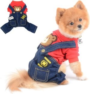 SELMAI Dog Outfits for Small Dogs Boy Girl Spring Shirts Denim Bib Pants 2 Pockets Jumpsuits One Piece Apparel for Cats Puppies Chihuahua Clothes Adorable Overall for Medium Pet 4 legs Autumn Red XS