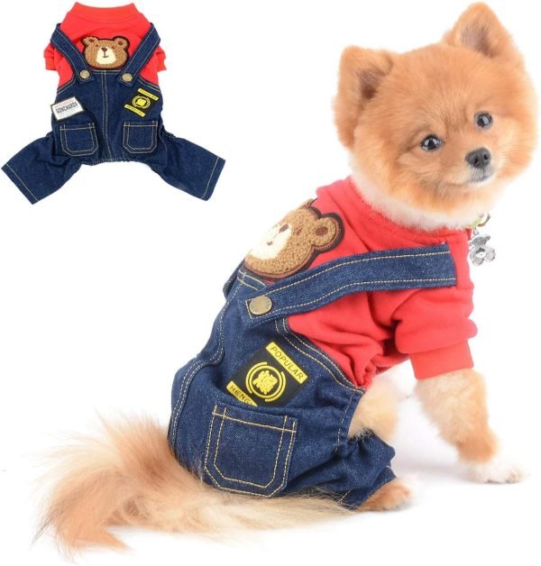 SELMAI Dog Outfits for Small Dogs Boy Girl Spring Shirts Denim Bib Pants 2 Pockets Jumpsuits One Piece Apparel for Cats Puppies Chihuahua Clothes Adorable Overall for Medium Pet 4 legs Autumn Red XS