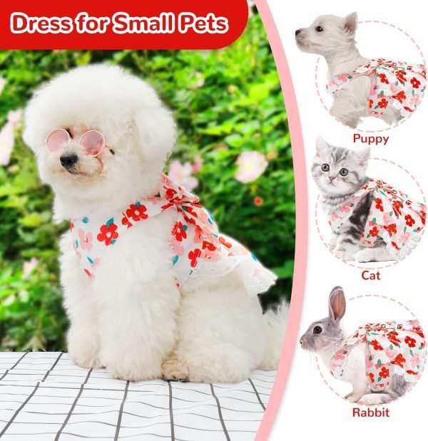 Cute Floral Dog Harness Dress and Leash Set for Small Dog Cats Girl Puppy Bowknot Princess Birthday Dress Summer Female Pet Small Dog Clothes Lace Doggie Kitten Outfits Apparel(Red,XS)