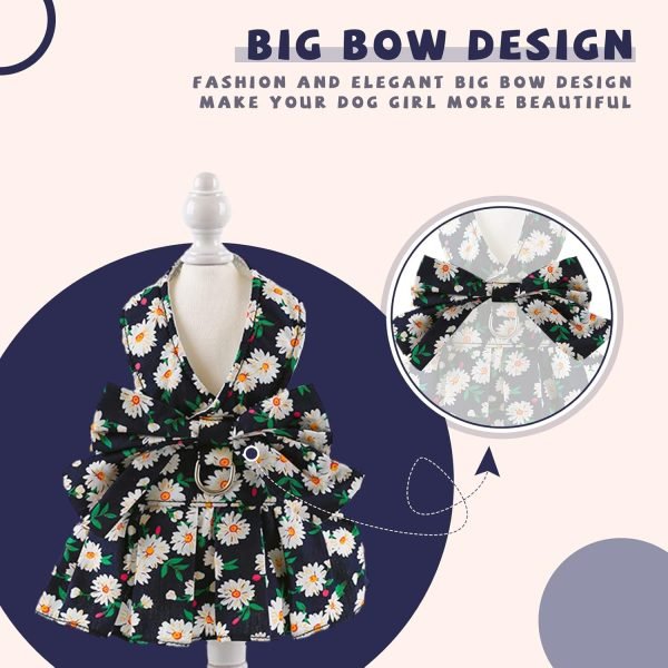 Dog Dress Bowknot Harness Leash Set for Small Dogs Cats Daisy Floral Girl Dog Dresses Cute Puppy Princess Clothes Pet Doggy Outfits Spring Summer Breathable Dresses(Small, Navy Blue)