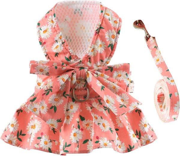 Dog Dress Bowknot Harness Leash Set for Small Dogs Cats Daisy Floral Girl Dog Dresses Cute Puppy Princess Clothes Pet Doggy Outfits Spring Summer Breathable Dresses(Small, Navy Blue)
