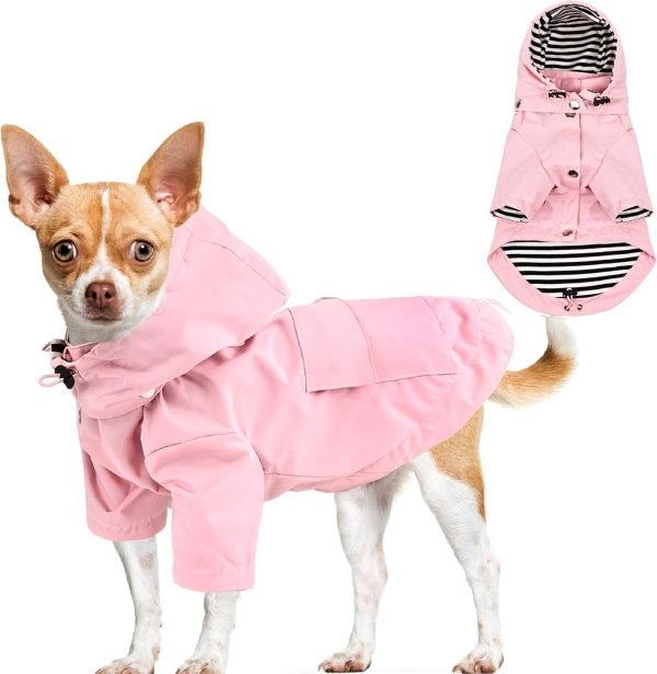 Puppy Raincoats with Buttons, Adjustable Drawstring and Storage Pocket, Rainproof/Waterproof, Fashionable Premium Dog Rain Jacket for Small Medium Dogs (Pink, M)
