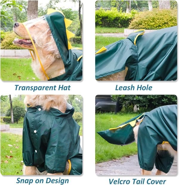 Large Dog Raincoat with Leash Hole, Full Coverage Slicker Dog Rain Coat Hoodie, Animal Shape Waterproof Jacket for Small Medium Large Dogs Dinosaur 4XL