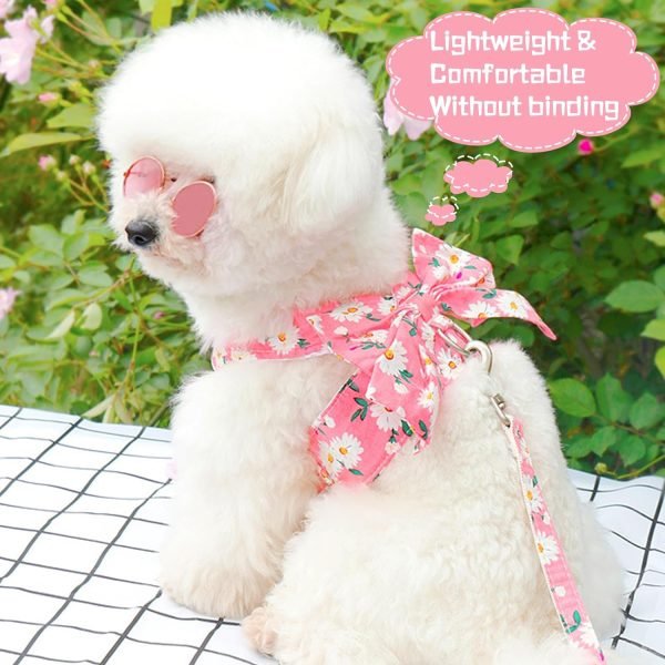 Dog Harness Vest Set for Small Girl Dogs with D-Ring Soft Comfortable Mesh Dog Harness Vest Pet Daisy Floral Bow Tie for Small Medium Large Dogs (Pink, XS)