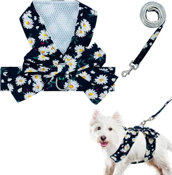 Dog Harness Vest Set for Small Girl Dogs with D-Ring Soft Comfortable Mesh Dog Harness Vest Pet Daisy Floral Bow Tie for Small Medium Large Dogs (Pink, XS)