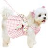 Cute Plaid Dog Dress Harness Leash Set for Small Medium Dog Cats Girl Pink Summer Pet Clothes Bowknot Puppy Princess Dresses Holiday Party Costume Outfits Chihuahua Yorkie Clothing（Pink,L）