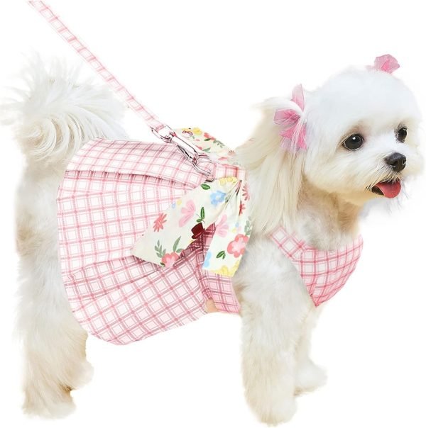 Cute Plaid Dog Dress Harness Leash Set for Small Medium Dog Cats Girl Pink Summer Pet Clothes Bowknot Puppy Princess Dresses Holiday Party Costume Outfits Chihuahua Yorkie Clothing（Pink,L）