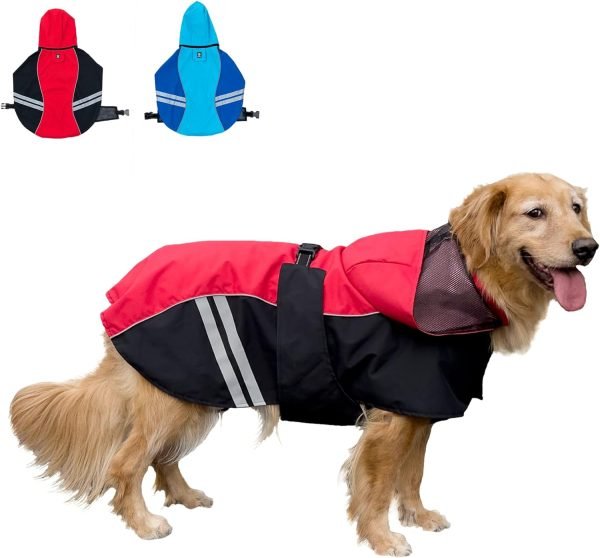 71pxBy7mv2L._AC_SL1500 Waterproof Dog Raincoats with Hood for Medium Large Dogs, Poncho with Reflective Strap, Lightweight Jacket with Leash Hole. Red