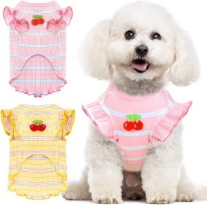 2 Pack Striped Small Dog T Shirt Cute Cherry Girl Dog Clothes for Small Dogs Cats Breathable Soft Cotton Pet Puppy Sleeveless Vest Spring Summer Doggy Outfits（Pink+Yellow,Small）