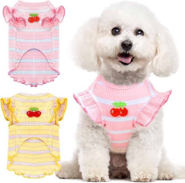 2 Pack Striped Small Dog T Shirt Cute Cherry Girl Dog Clothes for Small Dogs Cats Breathable Soft Cotton Pet Puppy Sleeveless Vest Spring Summer Doggy Outfits（Pink+Yellow,Small）