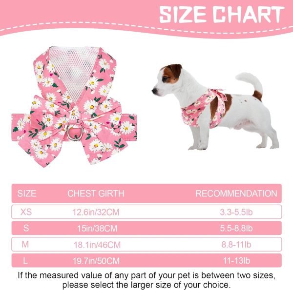 Dog Harness Vest Set for Small Girl Dogs with D-Ring Soft Comfortable Mesh Dog Harness Vest Pet Daisy Floral Bow Tie for Small Medium Large Dogs (Pink, XS)