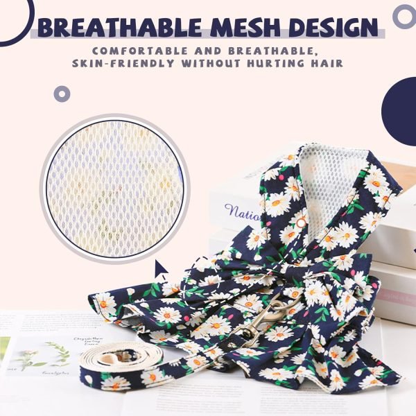 Dog Dress Bowknot Harness Leash Set for Small Dogs Cats Daisy Floral Girl Dog Dresses Cute Puppy Princess Clothes Pet Doggy Outfits Spring Summer Breathable Dresses(Small, Navy Blue)