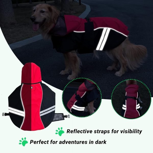 71sojT0hKiL._AC_SL1500 Waterproof Dog Raincoats with Hood for Medium Large Dogs, Poncho with Reflective Strap, Lightweight Jacket with Leash Hole. Red