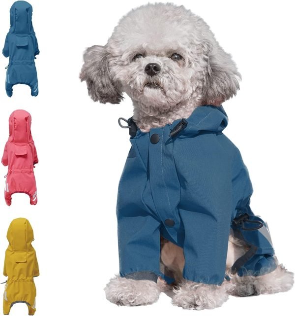 Waterproof Puppy Dog Raincoats with Hood for Small Medium Dogs,Poncho with Reflective Strap, Lightweight Jacket with Leash Hole(M, Blue)