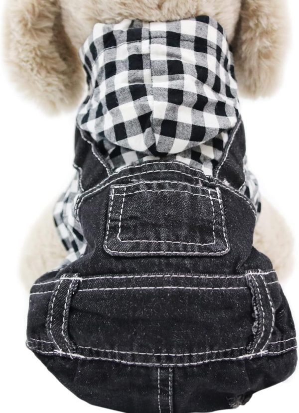 Pet Clothes Denim Dog Jeans Striped or Grid Jumpsuit Overall Hoodie Coat for Small Medium Puppy Cat Blue Plaid