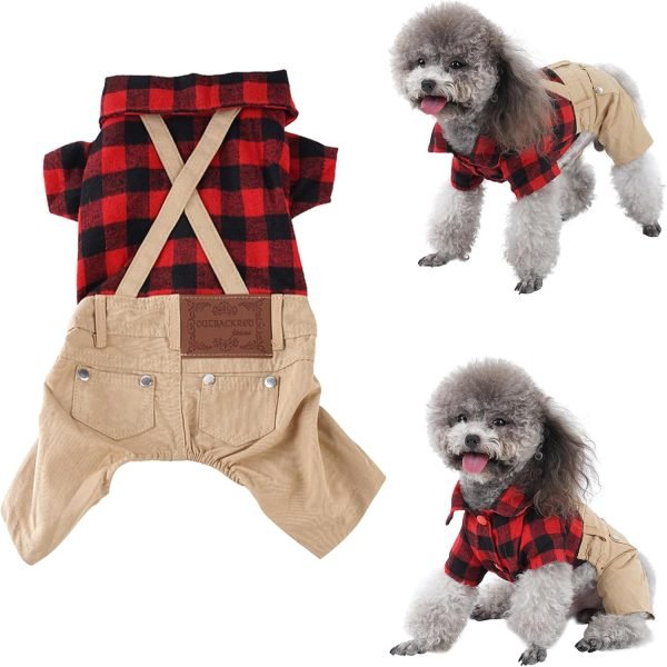 Small Dog Clothes Red Plaid Shirt Khaki Overalls Pants Jumpsuit Outfits Cool Pet Clothes for Small Dogs Cats Boy Girl, Jeans Onesies Pjs Apparel Halloween Christmas Costume Birthday Party Dress