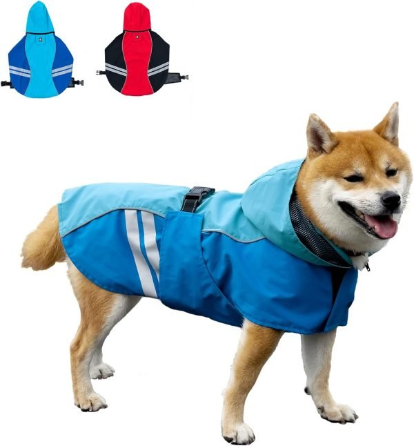 71xUHQ-PIsL._AC_SL1500 Waterproof Dog Raincoats with Hood for Medium Large Dogs, Poncho with Reflective Strap, Lightweight Jacket with Leash Hole. Red