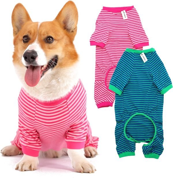 Dog Pajamas Cotton Striped Pup Jumpsuit, Breathable 4 Legs Basic Pjs Shirts for Puppy and Cat, Super Soft Stretchable Dog Jammies for Boys and Girls (Small, Pink+Green)