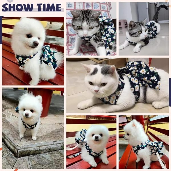 Dog Dress Bowknot Harness Leash Set for Small Dogs Cats Daisy Floral Girl Dog Dresses Cute Puppy Princess Clothes Pet Doggy Outfits Spring Summer Breathable Dresses(Small, Navy Blue)