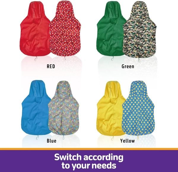Dog Raincoat Reversible, Single Side Slicker Poncho Adjustable waterproof Dog Rain Jacket with Leash Hole/Reflective Stripe Hooded Snowproof Windproof Clothes for Small to 3X-Large Dogs, L