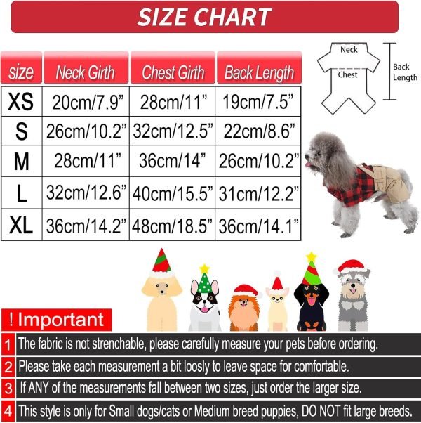 Small Dog Clothes Red Plaid Shirt Khaki Overalls Pants Jumpsuit Outfits Cool Pet Clothes for Small Dogs Cats Boy Girl, Jeans Onesies Pjs Apparel Halloween Christmas Costume Birthday Party Dress
