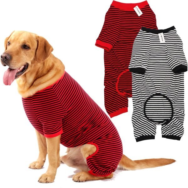 Dog Pajamas Cotton Striped Pup Jumpsuit, Breathable 4 Legs Basic Pjs Shirts for Puppy and Cat, Super Soft Stretchable Dog Jammies for Boys and Girls (Small, Pink+Green)