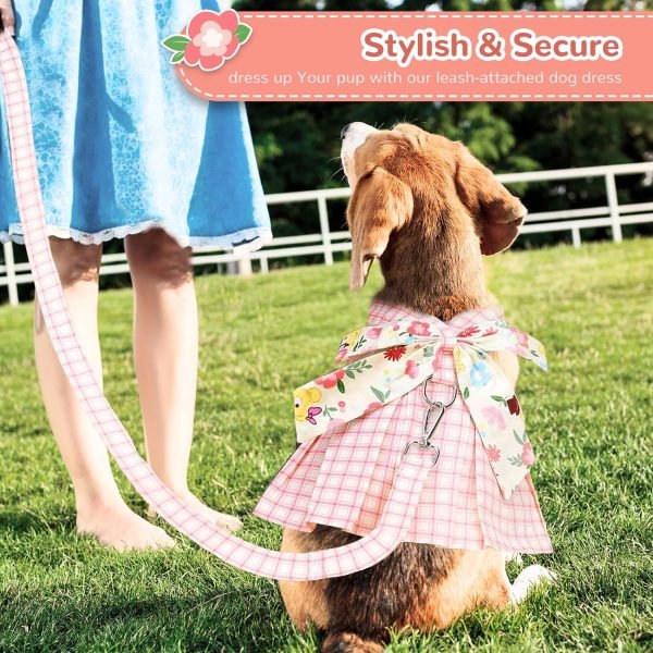 Cute Plaid Dog Dress Harness Leash Set for Small Medium Dog Cats Girl Pink Summer Pet Clothes Bowknot Puppy Princess Dresses Holiday Party Costume Outfits Chihuahua Yorkie Clothing（Pink,L）