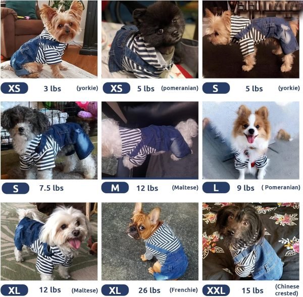 Small Dog Hoodie Clothes Cute Stripe Shirts Denim Jumpsuit One-Piece Outfit for Small Medium Dogs Cats Boy Girl Chihuahua Blue Jeans Overalls Puppy Costume (Blue,M)