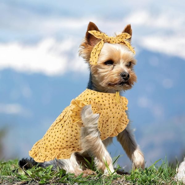 2 Pcs Dog Dress Mermaid Dog Cat Princess Floral Summer Dress with Headband for Dog Cat Birthday Party Holiday Dress, Red and Yellow (S)