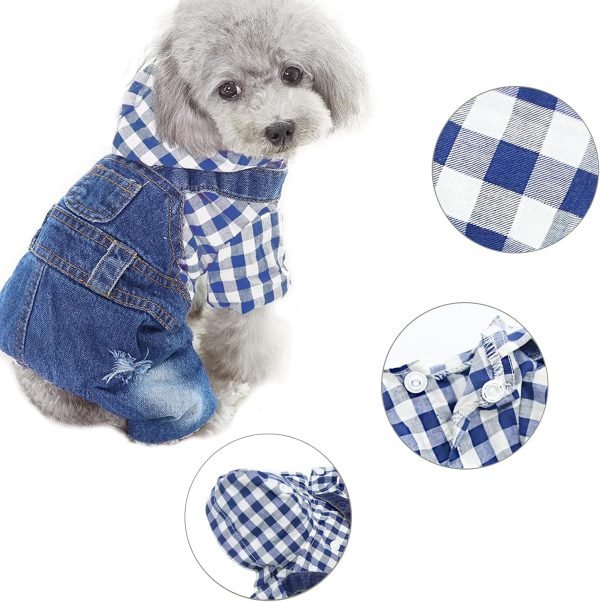 Pet Clothes Denim Dog Jeans Striped or Grid Jumpsuit Overall Hoodie Coat for Small Medium Puppy Cat Blue Plaid