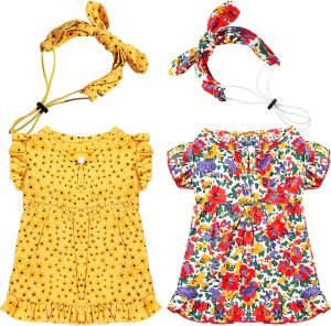 2 Pcs Dog Dress Mermaid Dog Cat Princess Floral Summer Dress with Headband for Dog Cat Birthday Party Holiday Dress, Red and Yellow (S)