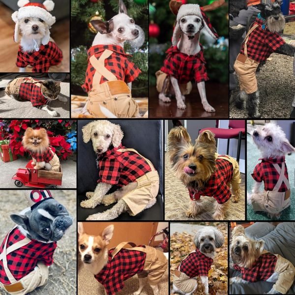 Small Dog Clothes Red Plaid Shirt Khaki Overalls Pants Jumpsuit Outfits Cool Pet Clothes for Small Dogs Cats Boy Girl, Jeans Onesies Pjs Apparel Halloween Christmas Costume Birthday Party Dress