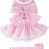 Dog Dress Plaid with Bowknot Cute Dress for Small Dog Cat Puppy Outfits with Harness Leash（ Pink，Medium ）