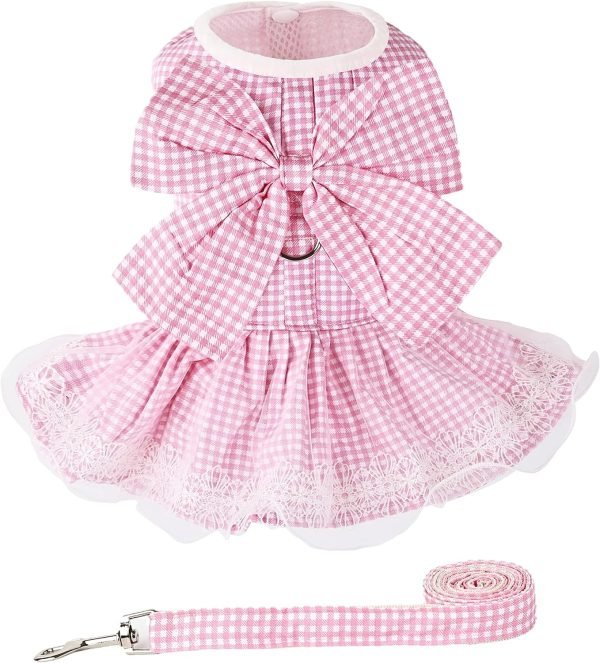 Dog Dress Plaid with Bowknot Cute Dress for Small Dog Cat Puppy Outfits with Harness Leash（ Pink，Medium ）