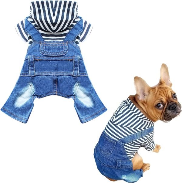 Small Dog Hoodie Clothes Cute Stripe Shirts Denim Jumpsuit One-Piece Outfit for Small Medium Dogs Cats Boy Girl Chihuahua Blue Jeans Overalls Puppy Costume (Blue,M)
