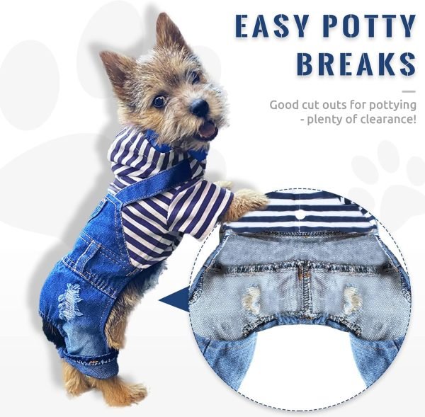 Small Dog Hoodie Clothes Cute Stripe Shirts Denim Jumpsuit One-Piece Outfit for Small Medium Dogs Cats Boy Girl Chihuahua Blue Jeans Overalls Puppy Costume (Blue,M)