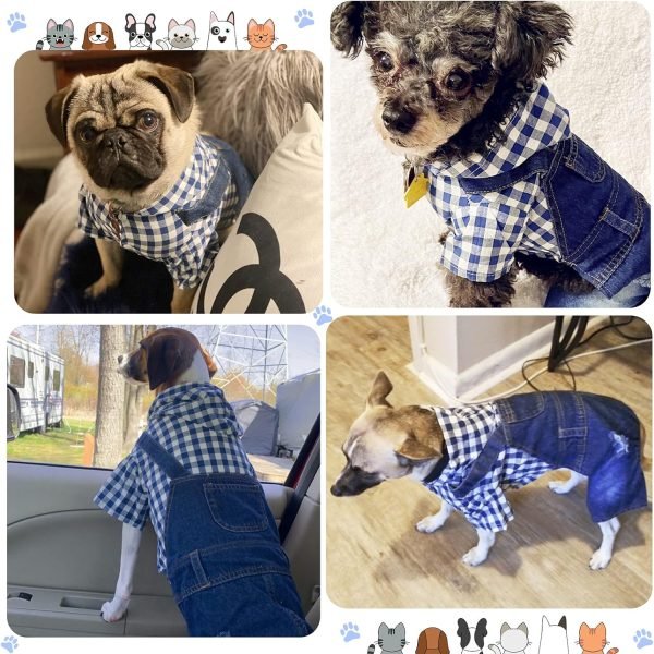 Pet Clothes Denim Dog Jeans Striped or Grid Jumpsuit Overall Hoodie Coat for Small Medium Puppy Cat Blue Plaid