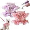 2 Pack Dog Dress Harness Vest with Leash Set, Pink Flower Puppy Harness Mesh Breathable Cat Vest Harness Cute Doggy Lace Princess Clothes for Outdoor Walking Clothing for Small Boy Girl Dog Cat