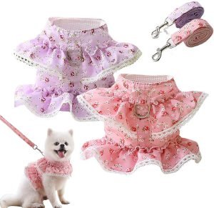 2 Pack Dog Dress Harness Vest with Leash Set, Pink Flower Puppy Harness Mesh Breathable Cat Vest Harness Cute Doggy Lace Princess Clothes for Outdoor Walking Clothing for Small Boy Girl Dog Cat