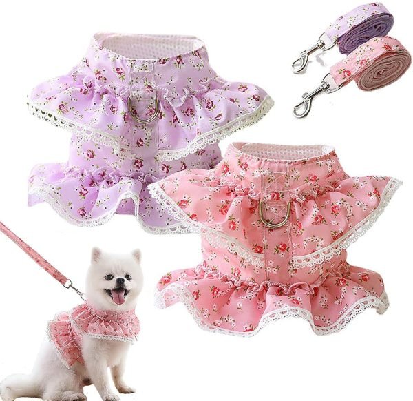 2 Pack Dog Dress Harness Vest with Leash Set, Pink Flower Puppy Harness Mesh Breathable Cat Vest Harness Cute Doggy Lace Princess Clothes for Outdoor Walking Clothing for Small Boy Girl Dog Cat