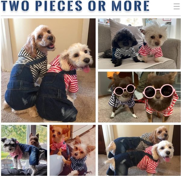 Small Dog Hoodie Clothes Cute Stripe Shirts Denim Jumpsuit One-Piece Outfit for Small Medium Dogs Cats Boy Girl Chihuahua Blue Jeans Overalls Puppy Costume (Blue,M)